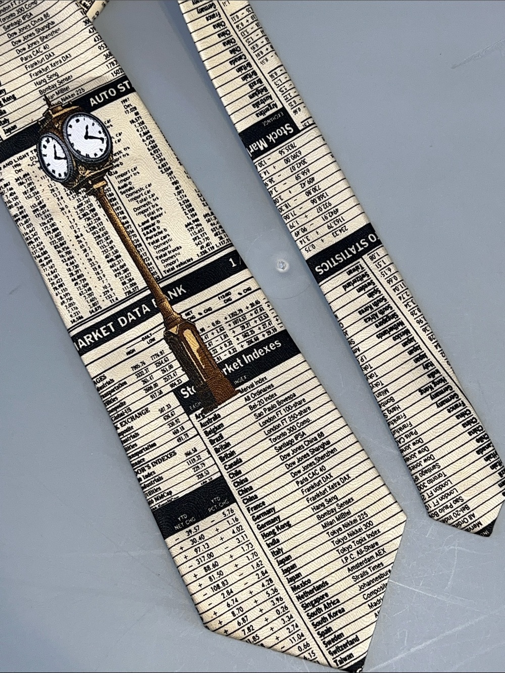 Novelty Newspaper Print Stock Exchange Tie with Clock Lamp Accent 58”